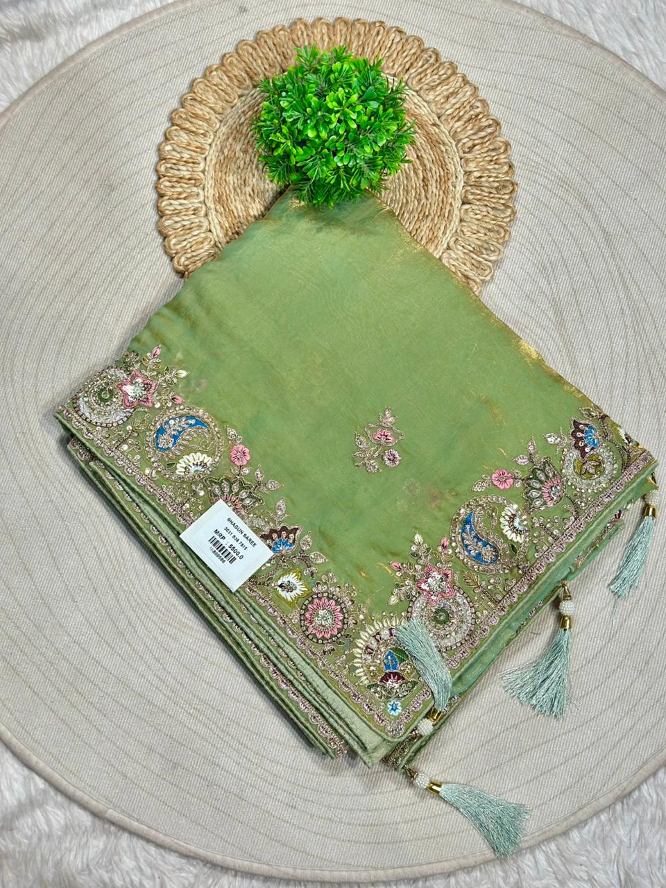 Designer Organza Silk Saree with Embroidered Border & Tassels | Shagun Sarees Collection