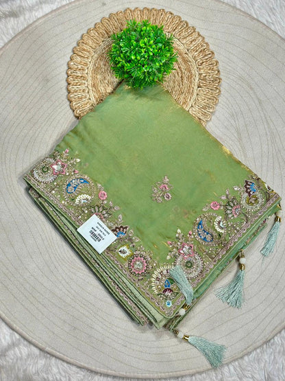 Designer Organza Silk Saree with Embroidered Border & Tassels | Shagun Sarees Collection