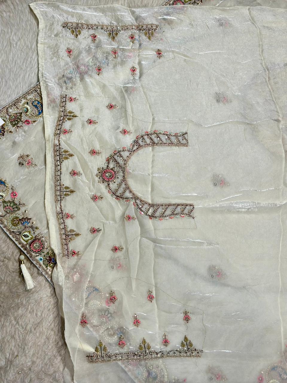 Designer Organza Silk Saree with Embroidered Border & Tassels | Shagun Sarees Collection