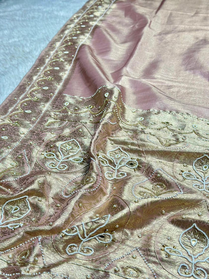 Designer Shimmer Silk Saree with Embroidery & Pearl Tassels | Party Wear Saree | Shagun Sarees
