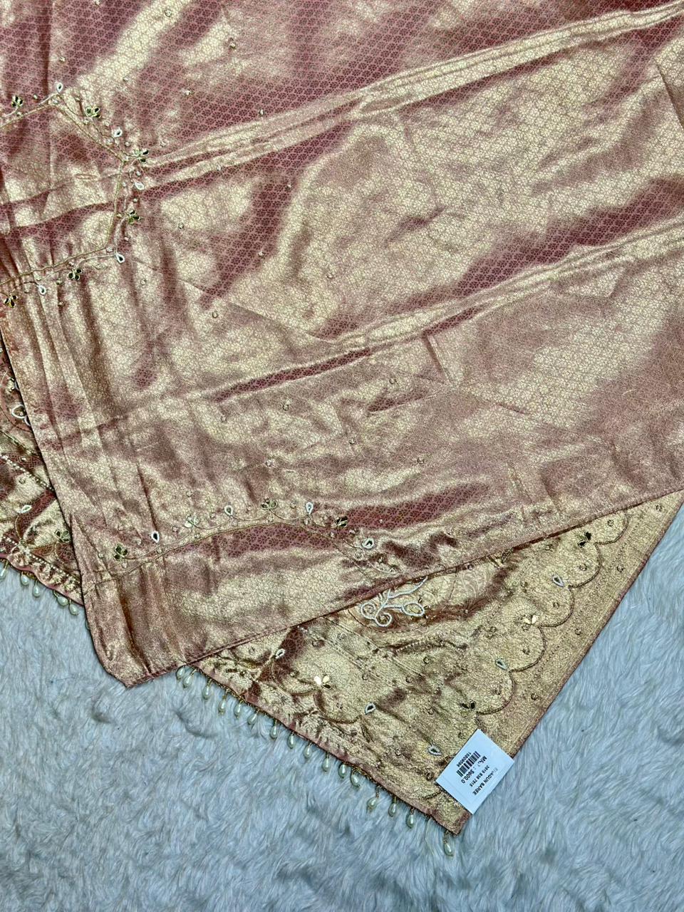 Designer Shimmer Silk Saree with Embroidery & Pearl Tassels | Party Wear Saree | Shagun Sarees