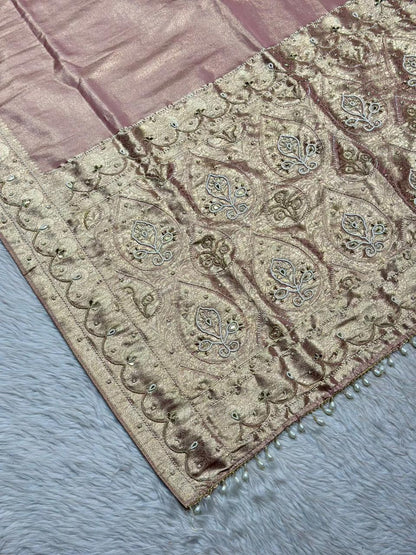 Designer Shimmer Silk Saree with Embroidery & Pearl Tassels | Party Wear Saree | Shagun Sarees