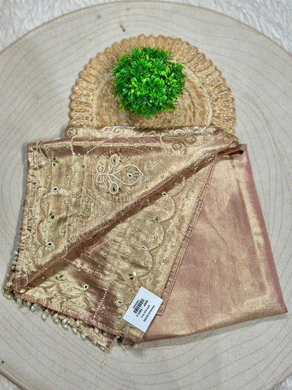 Designer Shimmer Silk Saree with Embroidery & Pearl Tassels | Party Wear Saree | Shagun Sarees