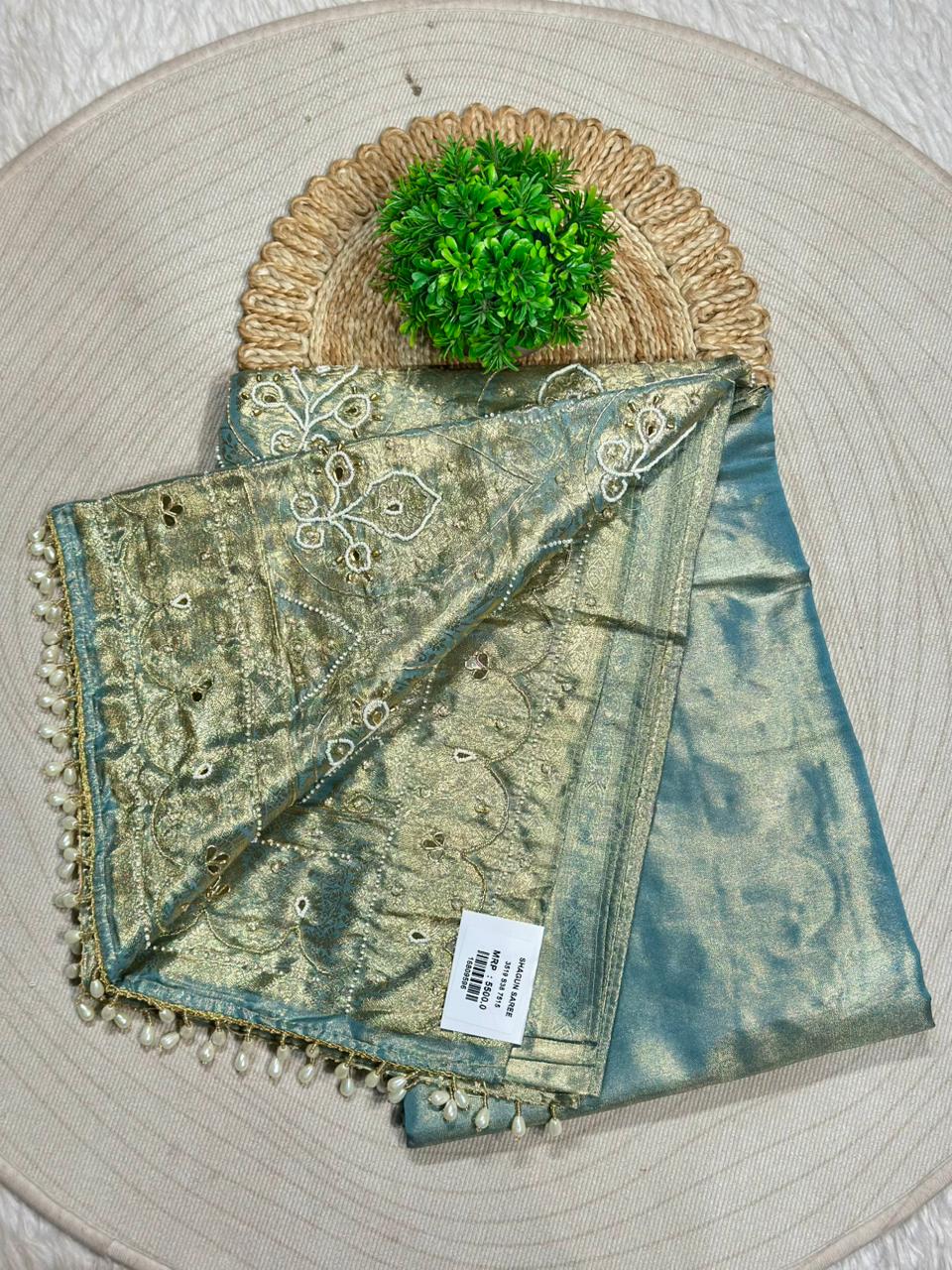 Designer Shimmer Silk Saree with Embroidery & Pearl Tassels | Party Wear Saree | Shagun Sarees