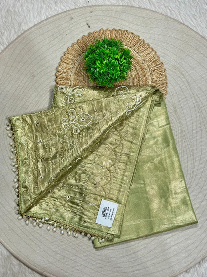 Designer Shimmer Silk Saree with Embroidery & Pearl Tassels | Party Wear Saree | Shagun Sarees