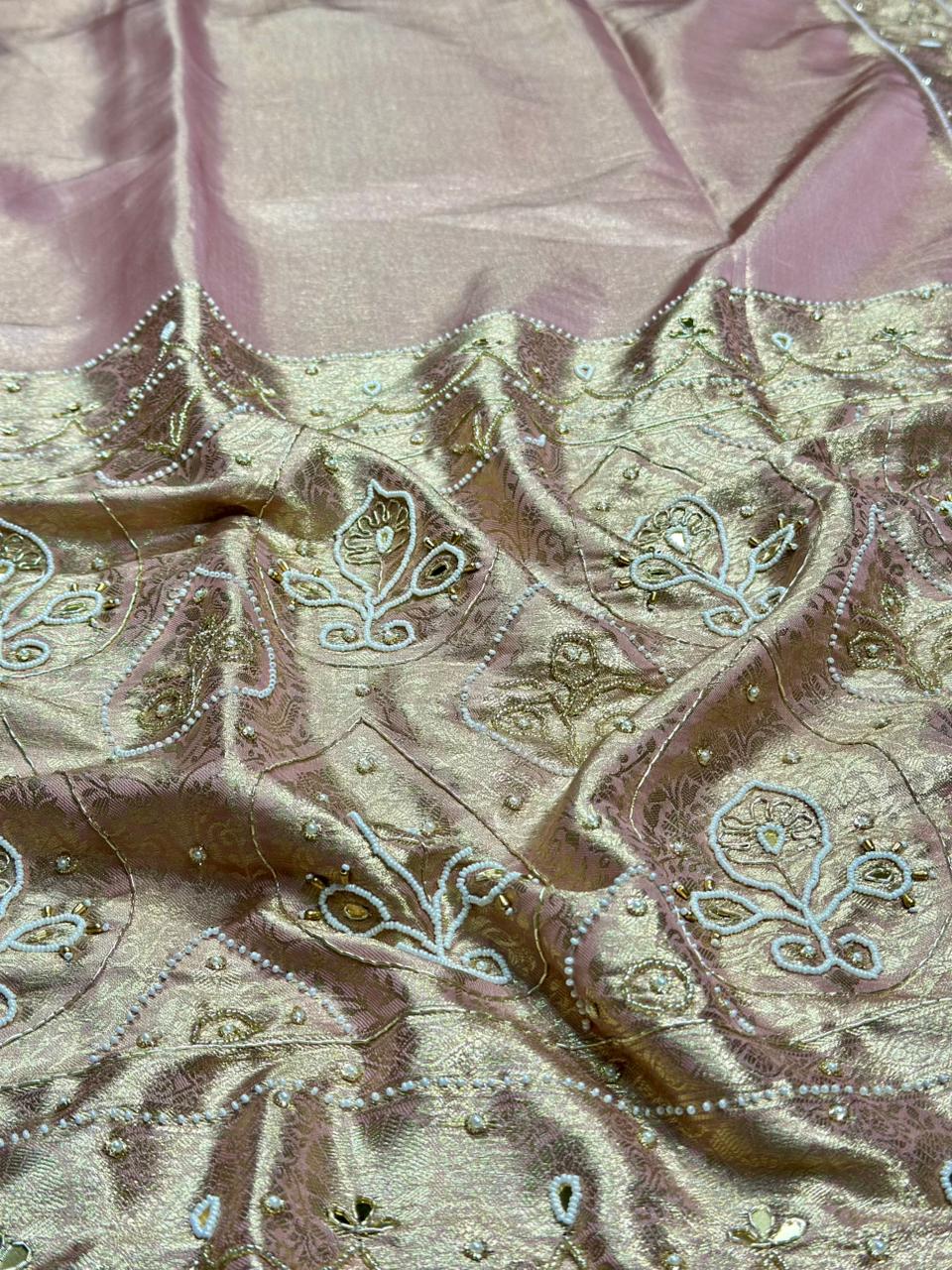 Designer Shimmer Silk Saree with Embroidery & Pearl Tassels | Party Wear Saree | Shagun Sarees