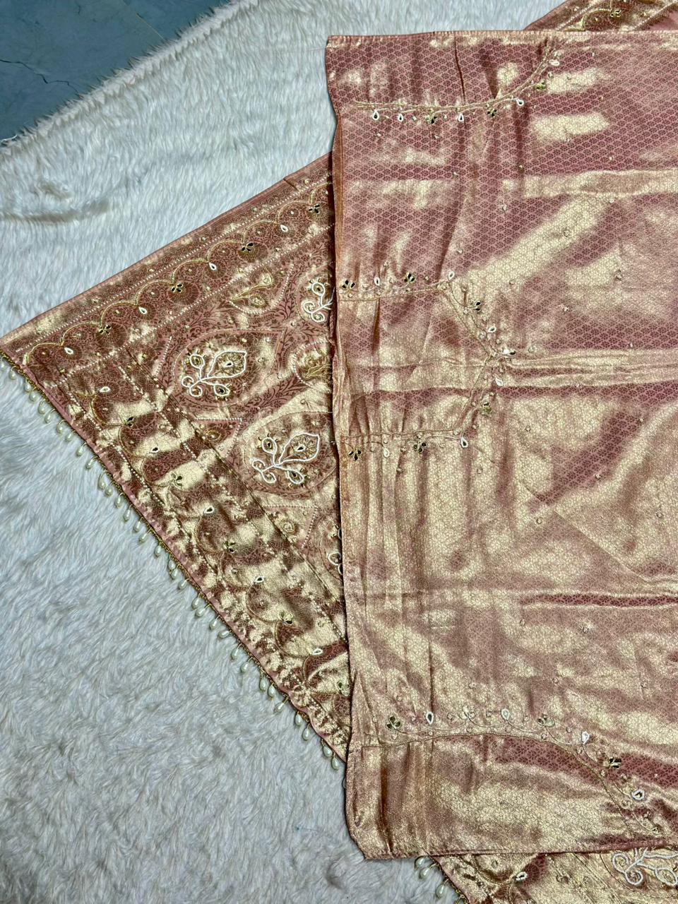 Designer Shimmer Silk Saree with Embroidery & Pearl Tassels | Party Wear Saree | Shagun Sarees