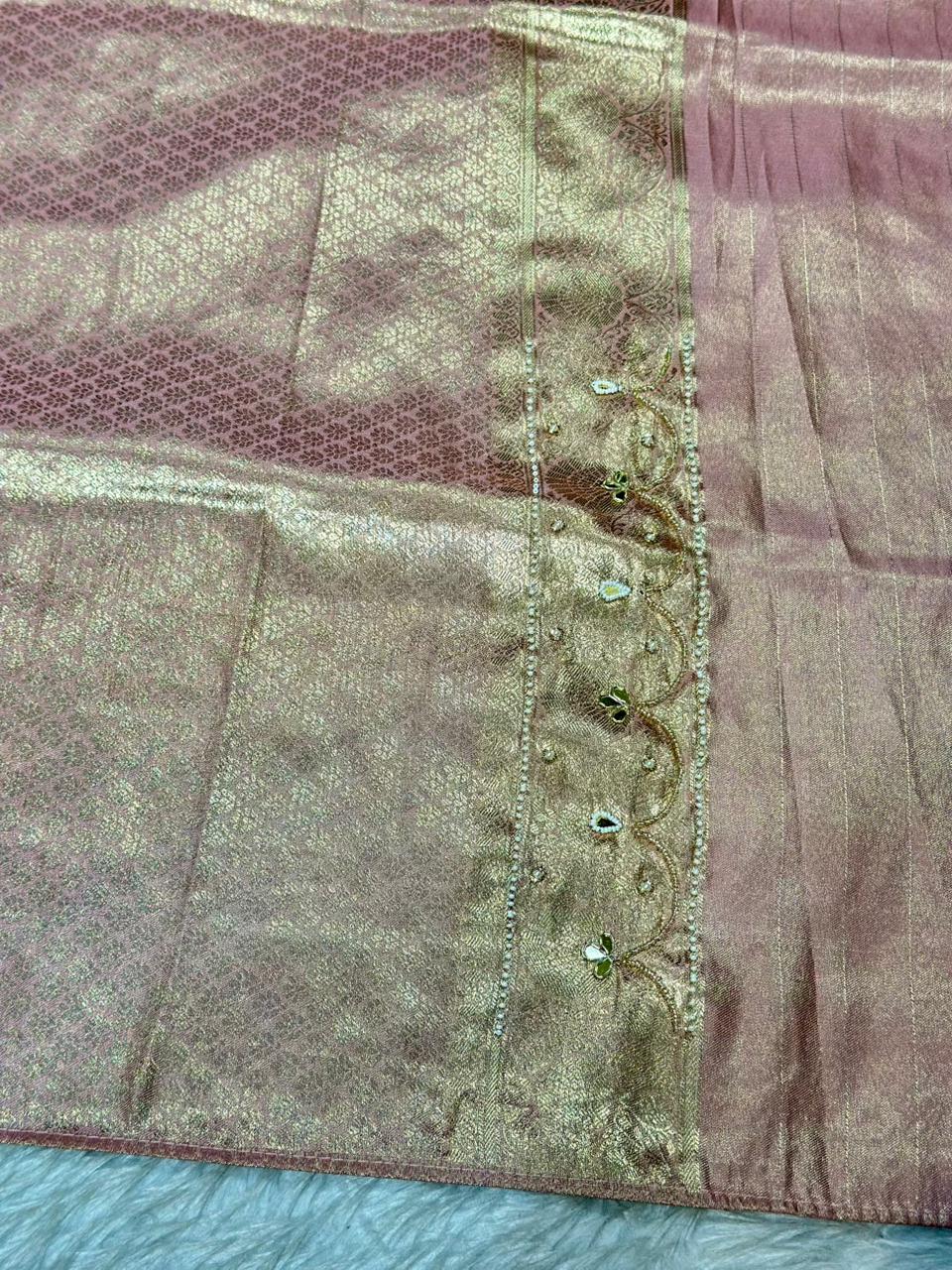 Designer Shimmer Silk Saree with Embroidery & Pearl Tassels | Party Wear Saree | Shagun Sarees