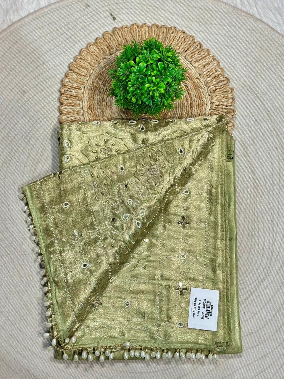 Designer Shimmer Silk Saree with Mirror Embroidery & Pearl Latkan | Party Wear Saree | Shagun Sarees