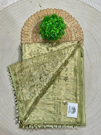 Designer Shimmer Silk Saree with Mirror Embroidery & Pearl Latkan | Party Wear Saree | Shagun Sarees