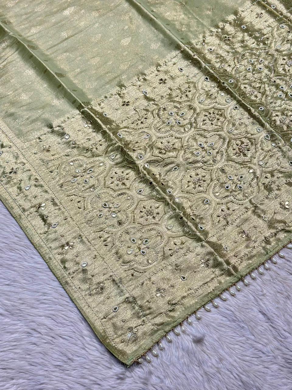 Designer Shimmer Silk Saree with Mirror Embroidery & Pearl Latkan | Party Wear Saree | Shagun Sarees