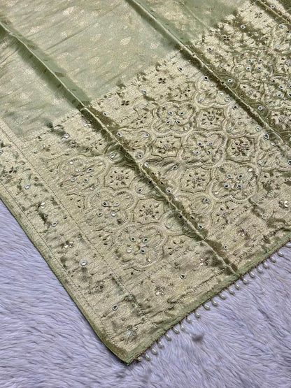 Designer Shimmer Silk Saree with Mirror Embroidery & Pearl Latkan | Party Wear Saree | Shagun Sarees