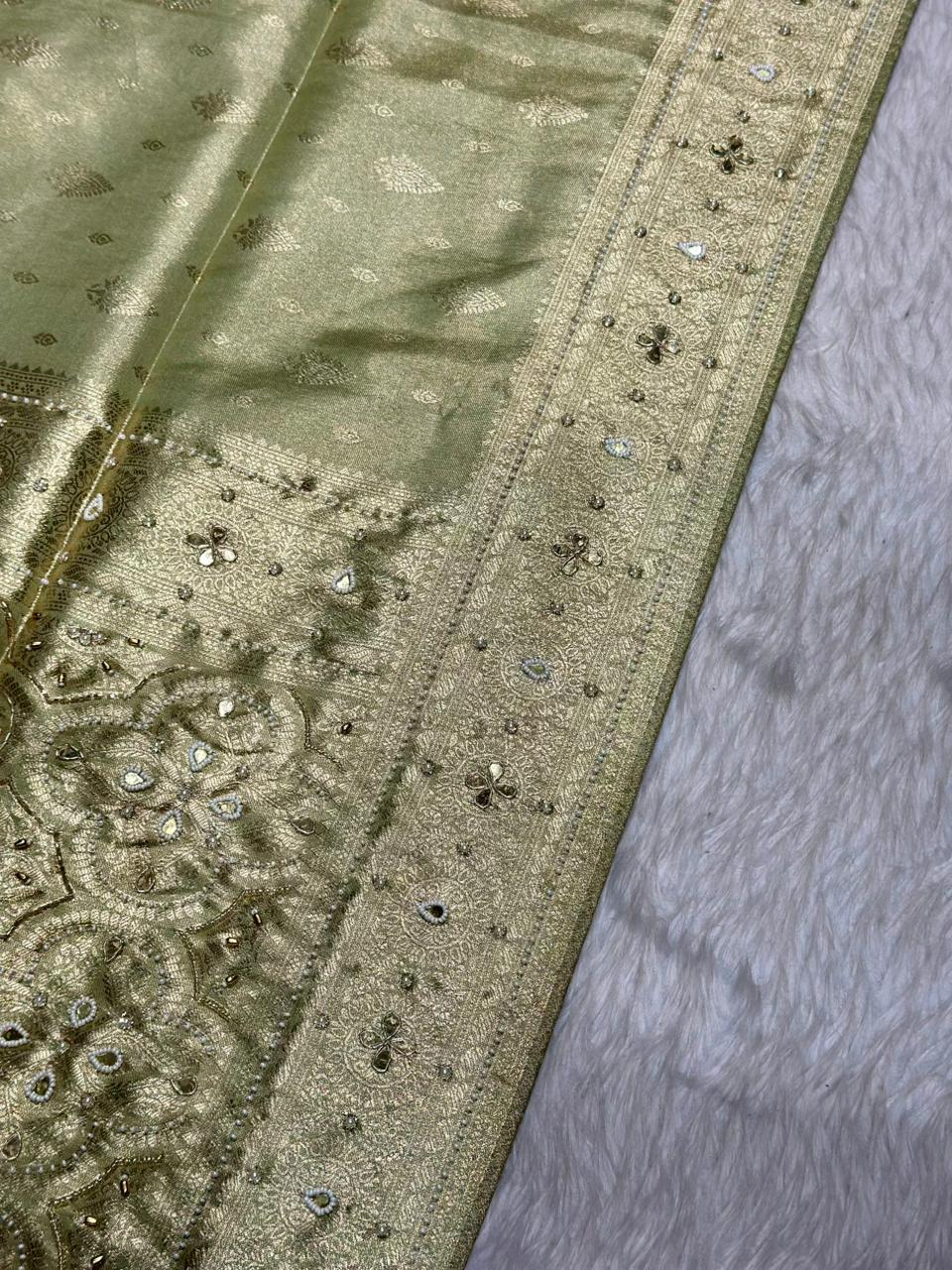 Designer Shimmer Silk Saree with Mirror Embroidery & Pearl Latkan | Party Wear Saree | Shagun Sarees