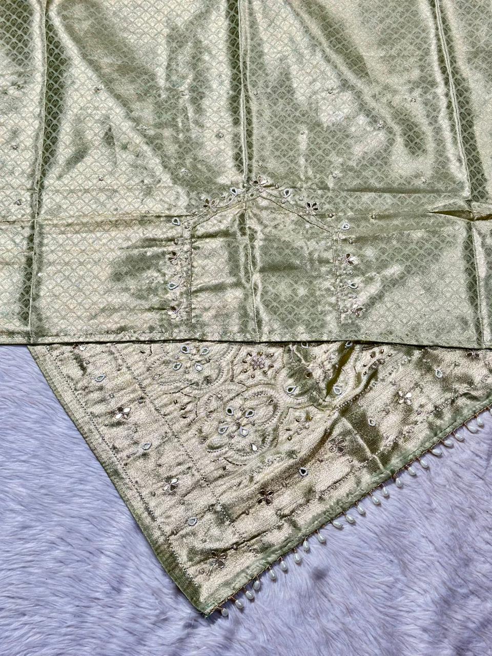 Designer Shimmer Silk Saree with Mirror Embroidery & Pearl Latkan | Party Wear Saree | Shagun Sarees