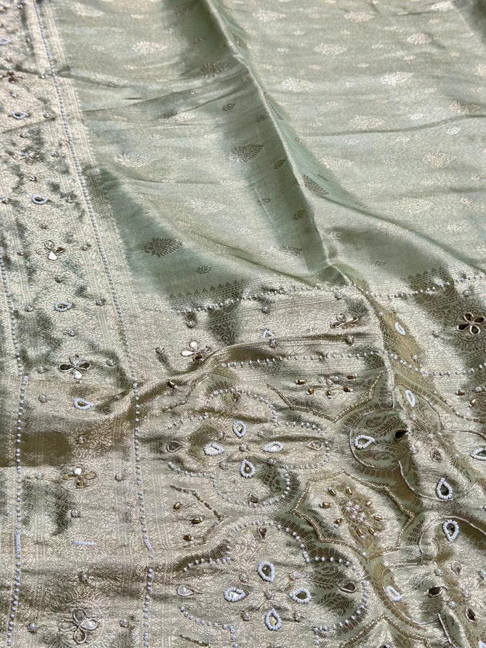 Designer Shimmer Silk Saree with Mirror Embroidery & Pearl Latkan | Party Wear Saree | Shagun Sarees