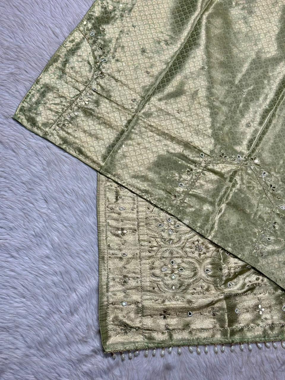 Designer Shimmer Silk Saree with Mirror Embroidery & Pearl Latkan | Party Wear Saree | Shagun Sarees