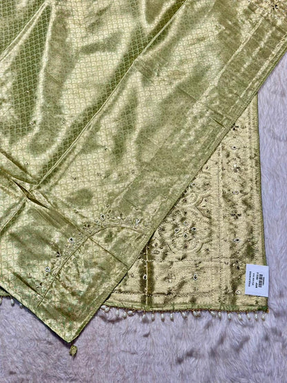 Designer Shimmer Silk Saree with Mirror Embroidery & Pearl Latkan | Party Wear Saree | Shagun Sarees
