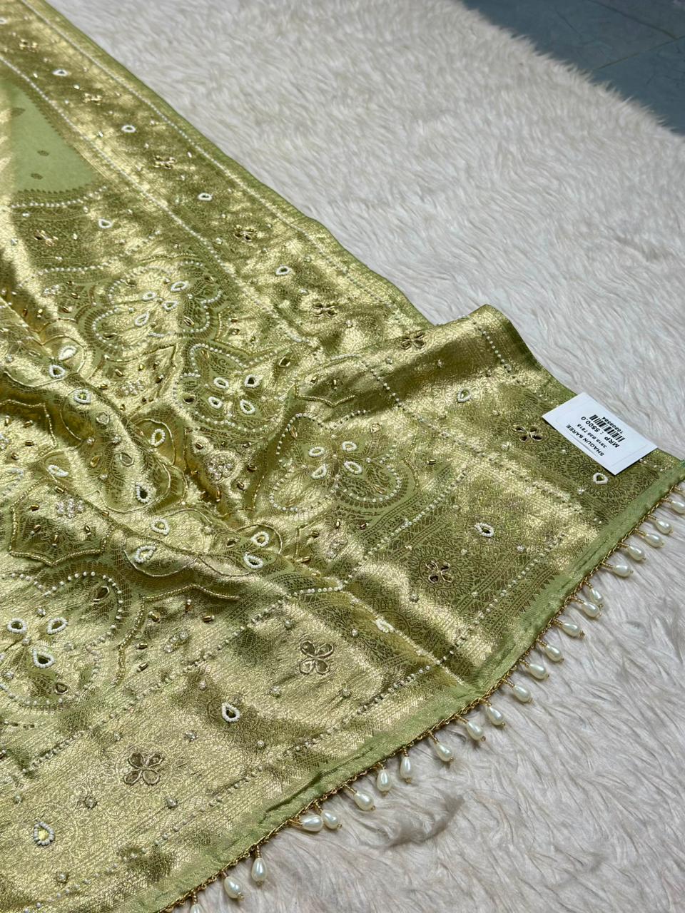 Designer Shimmer Silk Saree with Mirror Embroidery & Pearl Latkan | Party Wear Saree | Shagun Sarees