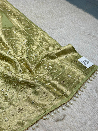 Designer Shimmer Silk Saree with Mirror Embroidery & Pearl Latkan | Party Wear Saree | Shagun Sarees