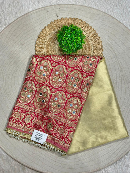 Designer Banarasi Silk Saree with Zari Work & Pearl Border | Shagun Sarees