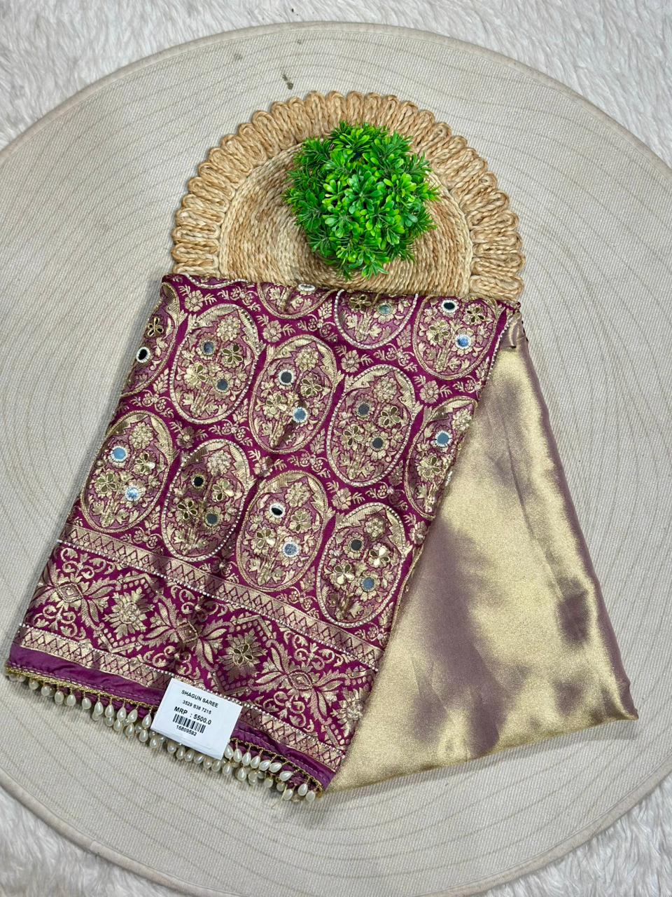 Designer Banarasi Silk Saree with Zari Work & Pearl Border | Shagun Sarees