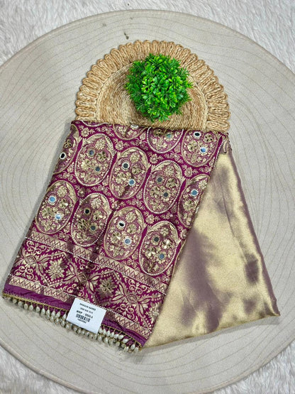 Designer Banarasi Silk Saree with Zari Work & Pearl Border | Shagun Sarees