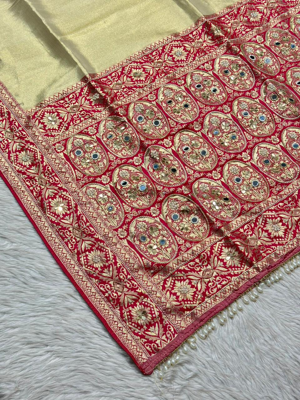 Designer Banarasi Silk Saree with Zari Work & Pearl Border | Shagun Sarees