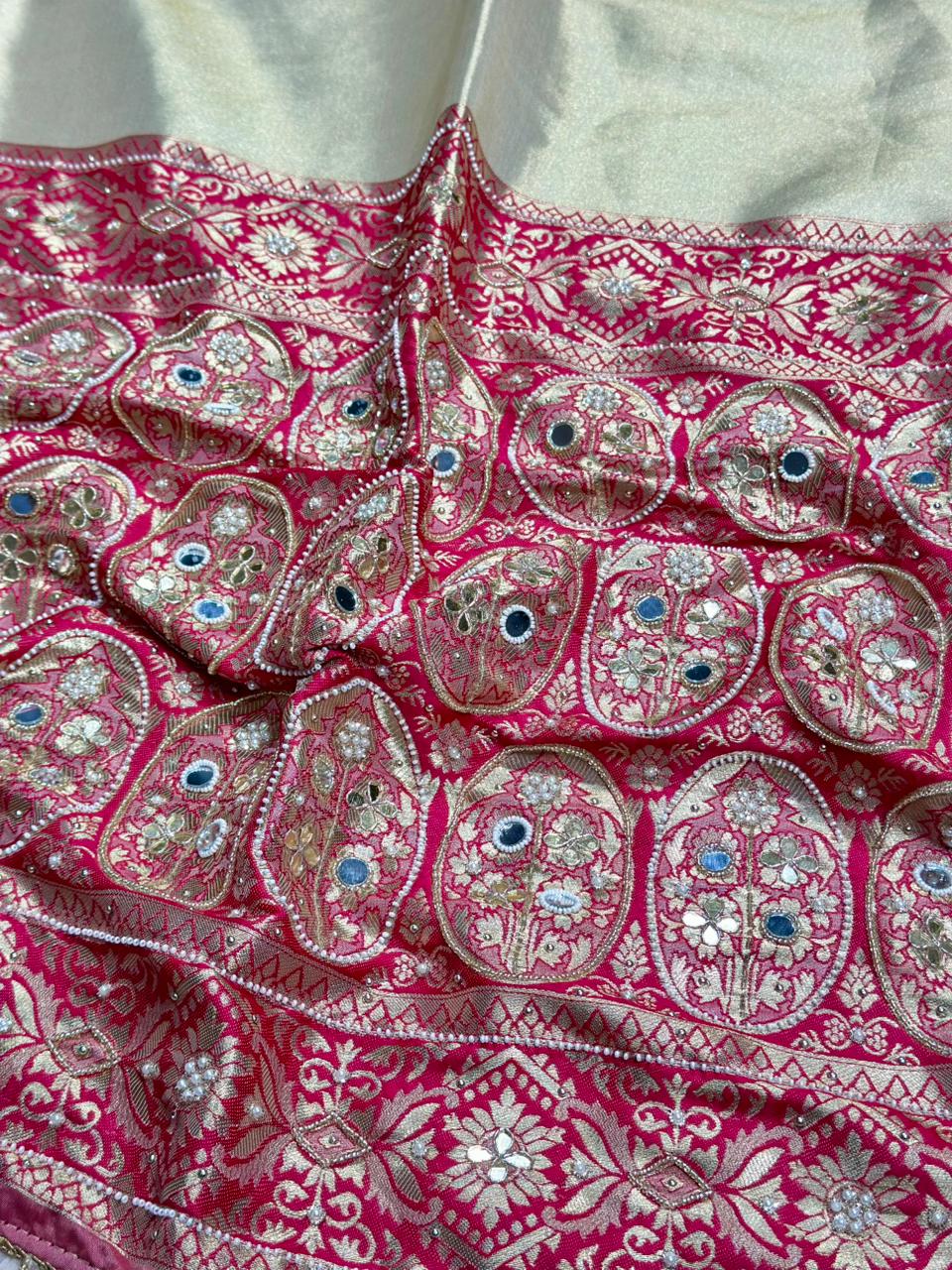 Designer Banarasi Silk Saree with Zari Work & Pearl Border | Shagun Sarees