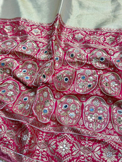 Designer Banarasi Silk Saree with Zari Work & Pearl Border | Shagun Sarees