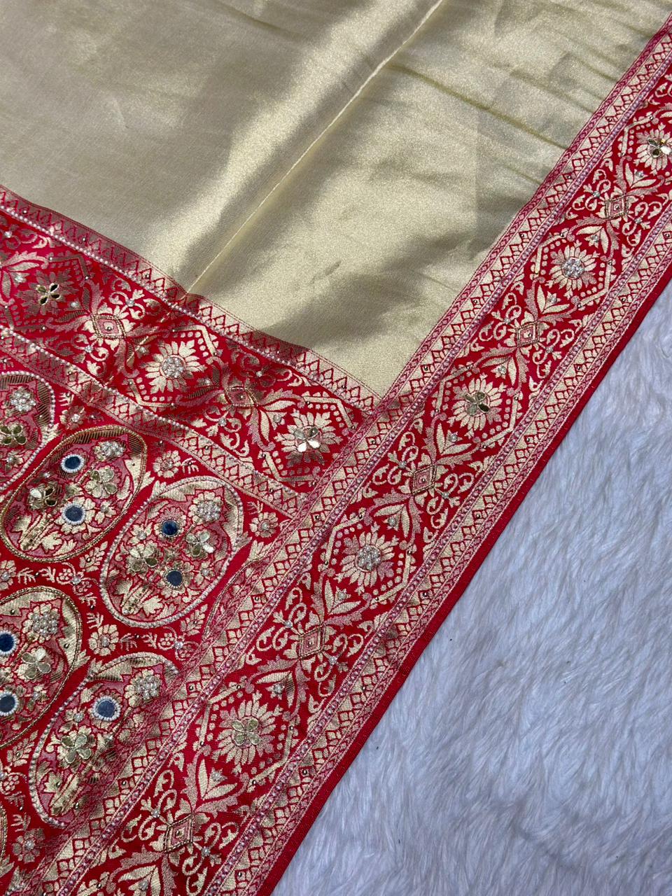 Designer Banarasi Silk Saree with Zari Work & Pearl Border | Shagun Sarees