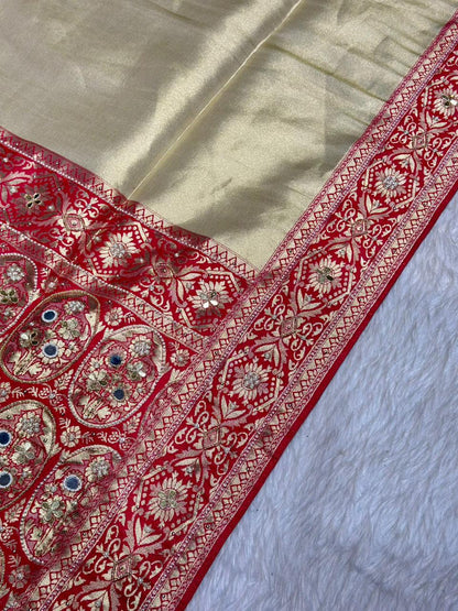 Designer Banarasi Silk Saree with Zari Work & Pearl Border | Shagun Sarees