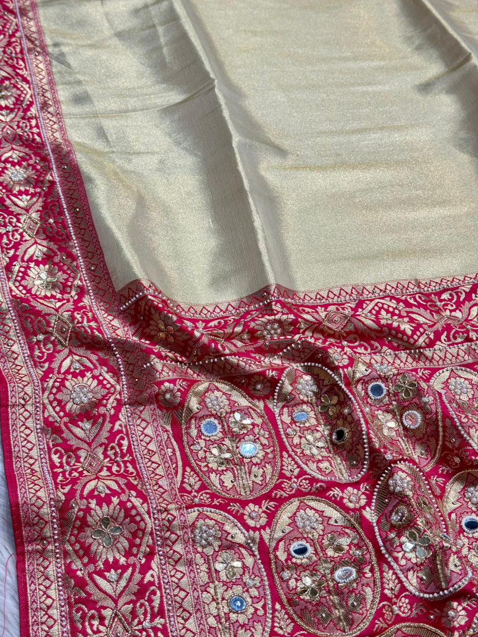 Designer Banarasi Silk Saree with Zari Work & Pearl Border | Shagun Sarees