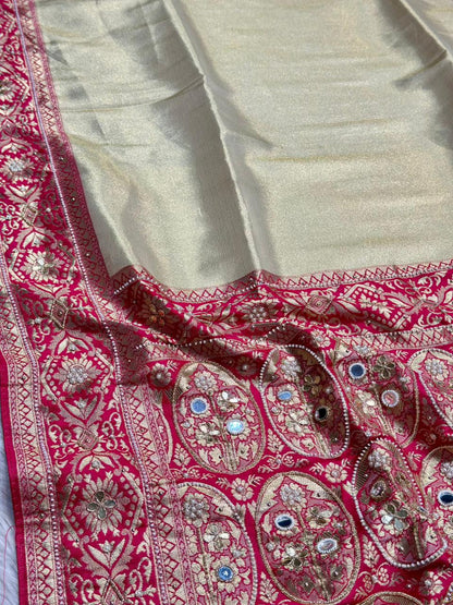 Designer Banarasi Silk Saree with Zari Work & Pearl Border | Shagun Sarees