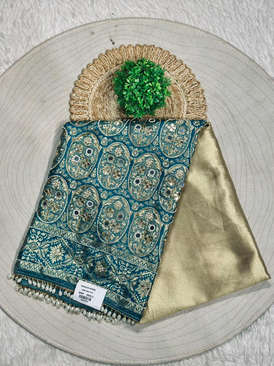 Designer Banarasi Silk Saree with Zari Work & Pearl Border | Shagun Sarees