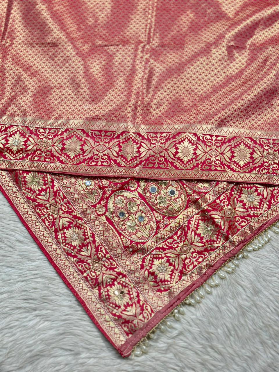 Designer Banarasi Silk Saree with Zari Work & Pearl Border | Shagun Sarees