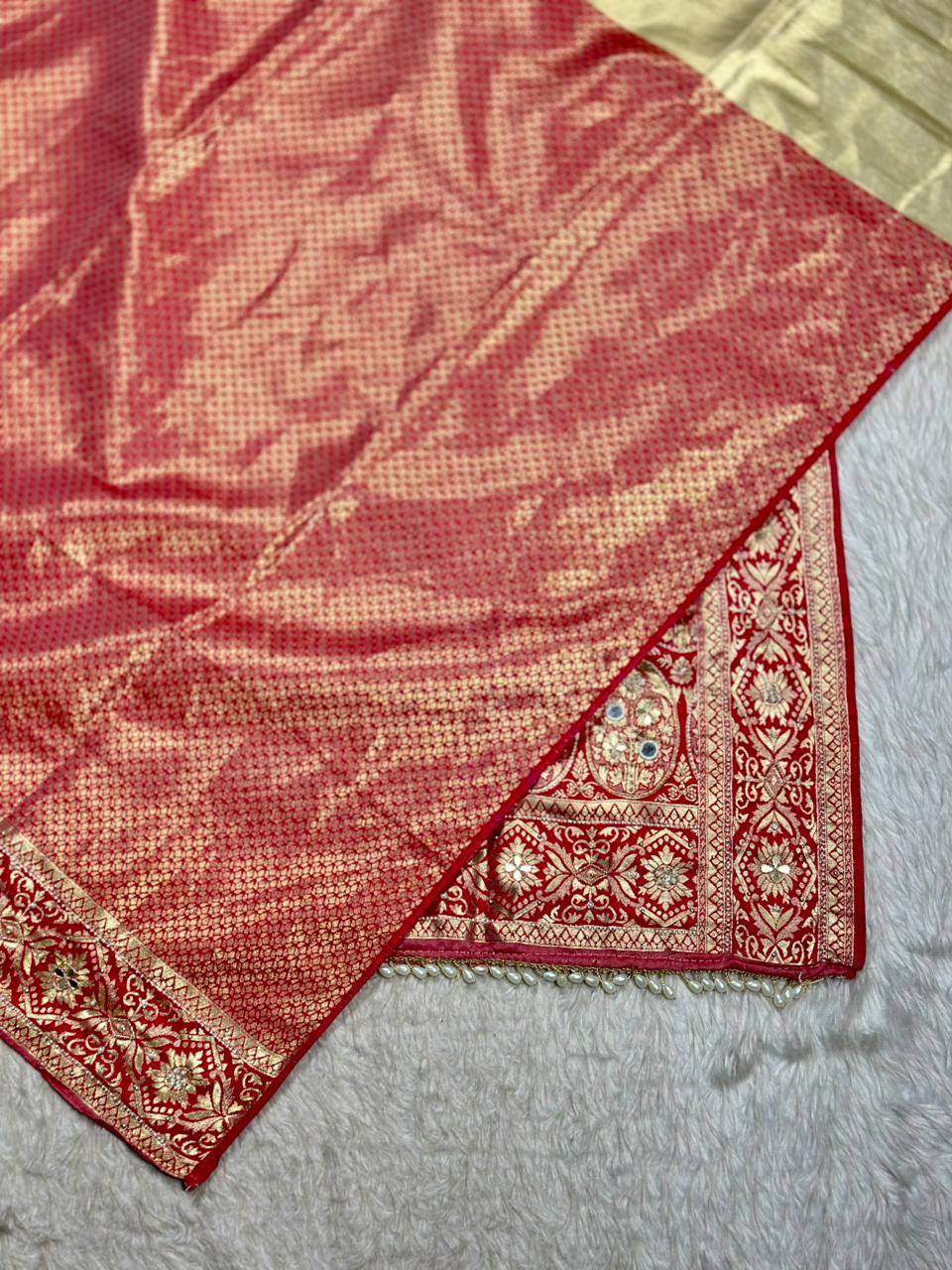 Designer Banarasi Silk Saree with Zari Work & Pearl Border | Shagun Sarees