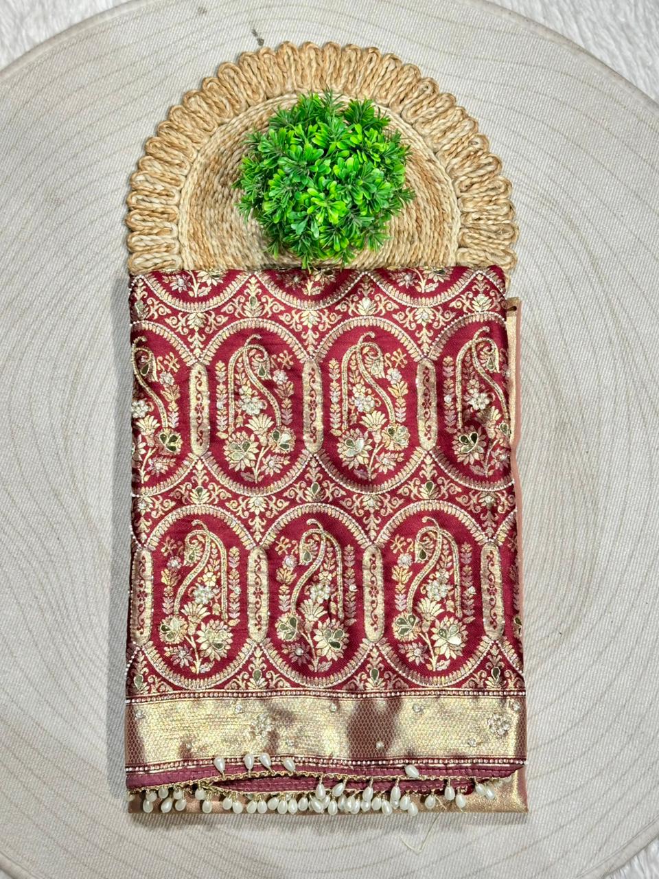 Rich Banarasi Silk Saree with Paisley Zari Weaving & Pearl Border | Shagun Sarees