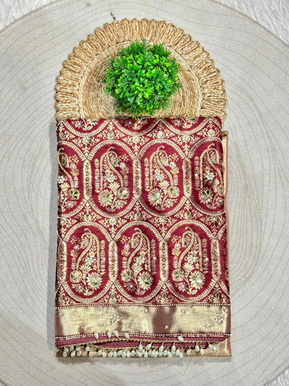 Rich Banarasi Silk Saree with Paisley Zari Weaving & Pearl Border | Shagun Sarees