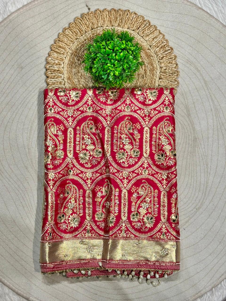 Rich Banarasi Silk Saree with Paisley Zari Weaving & Pearl Border | Shagun Sarees