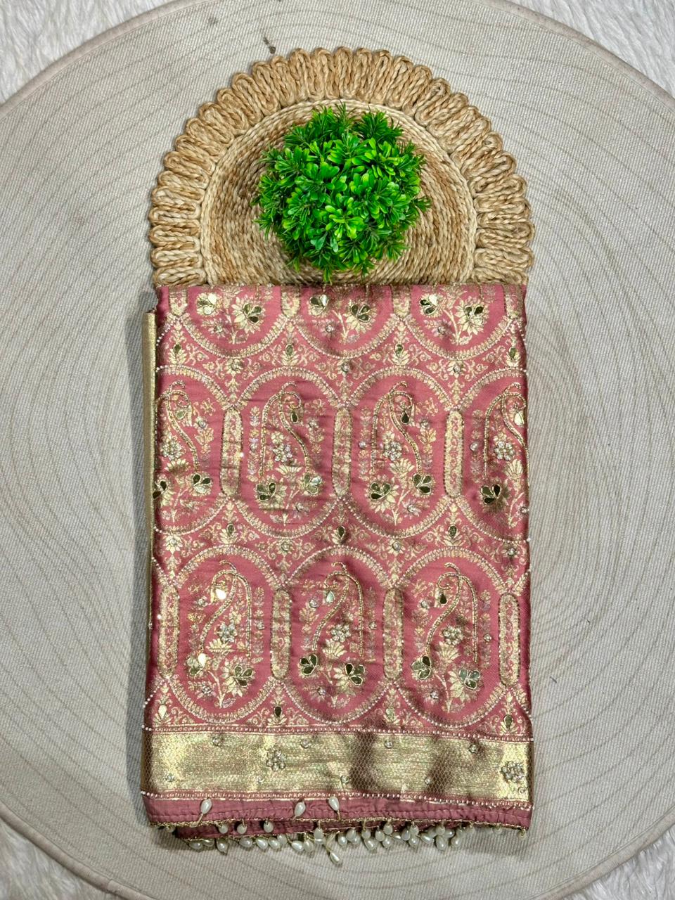 Rich Banarasi Silk Saree with Paisley Zari Weaving & Pearl Border | Shagun Sarees