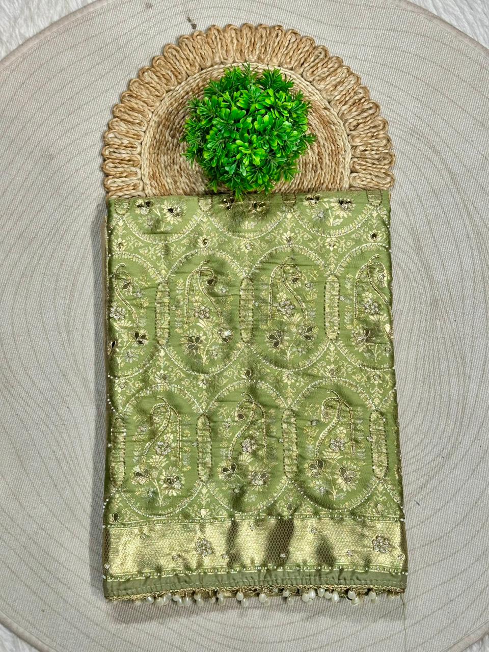 Rich Banarasi Silk Saree with Paisley Zari Weaving & Pearl Border | Shagun Sarees