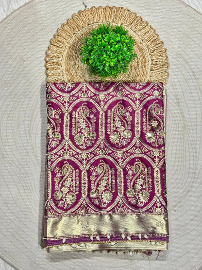 Rich Banarasi Silk Saree with Paisley Zari Weaving & Pearl Border | Shagun Sarees