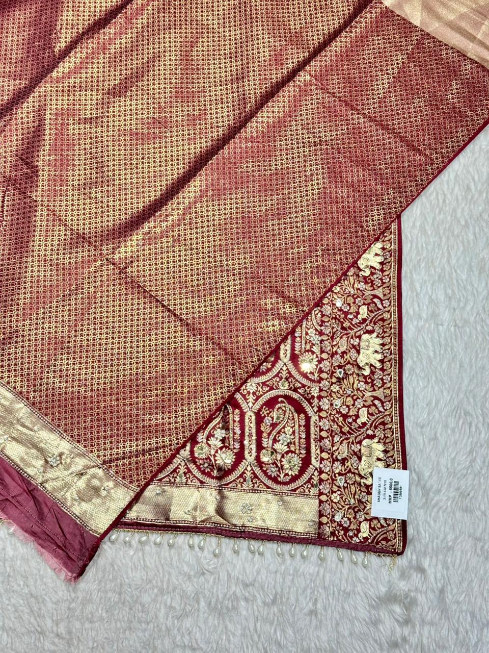 Rich Banarasi Silk Saree with Paisley Zari Weaving & Pearl Border | Shagun Sarees
