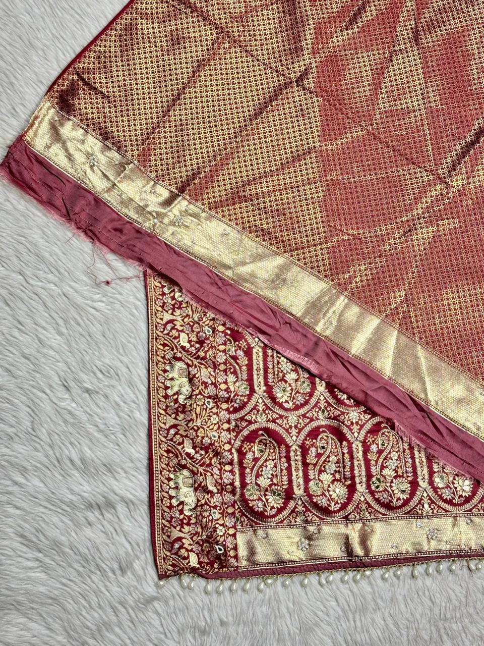 Rich Banarasi Silk Saree with Paisley Zari Weaving & Pearl Border | Shagun Sarees