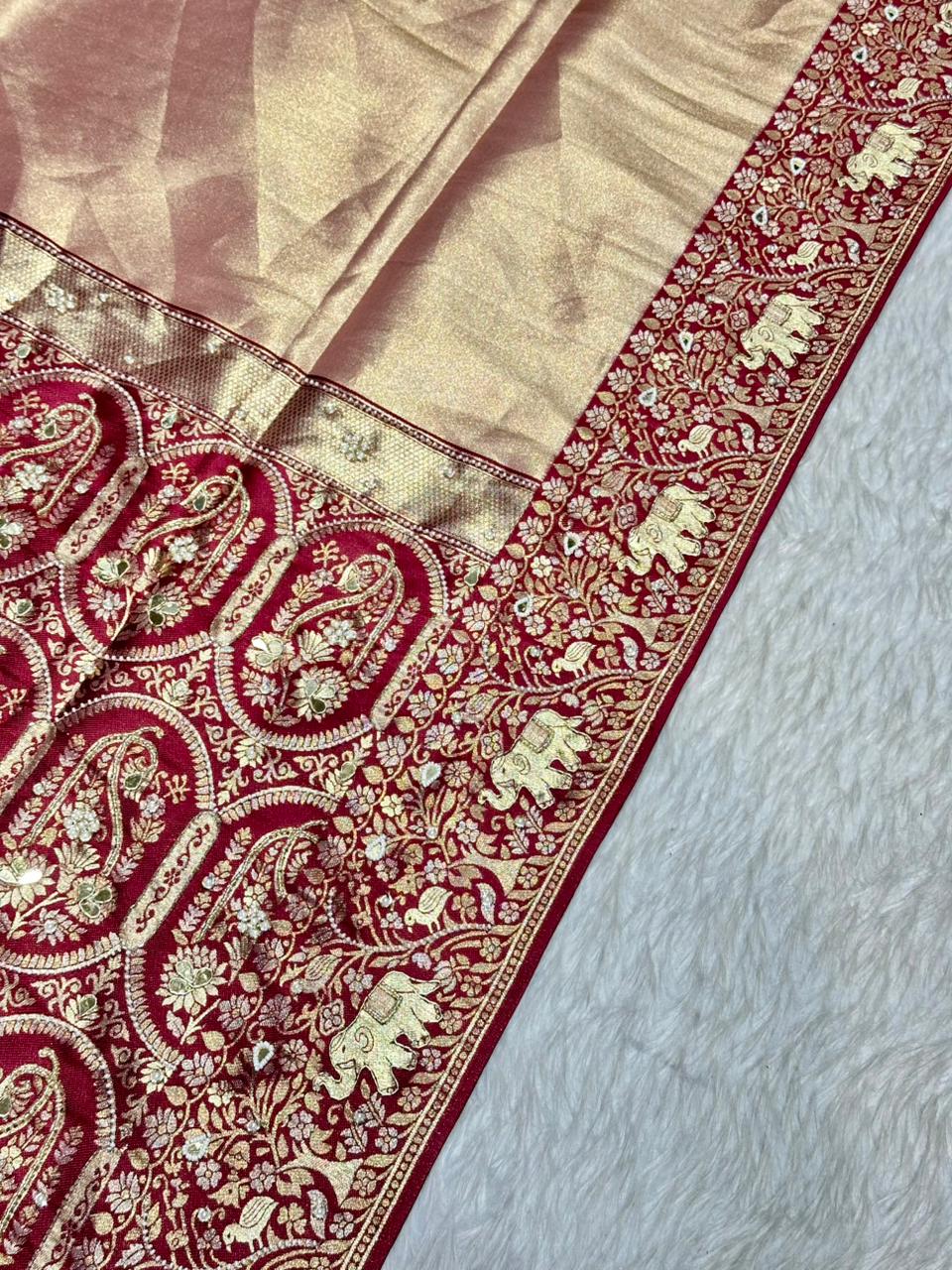 Rich Banarasi Silk Saree with Paisley Zari Weaving & Pearl Border | Shagun Sarees