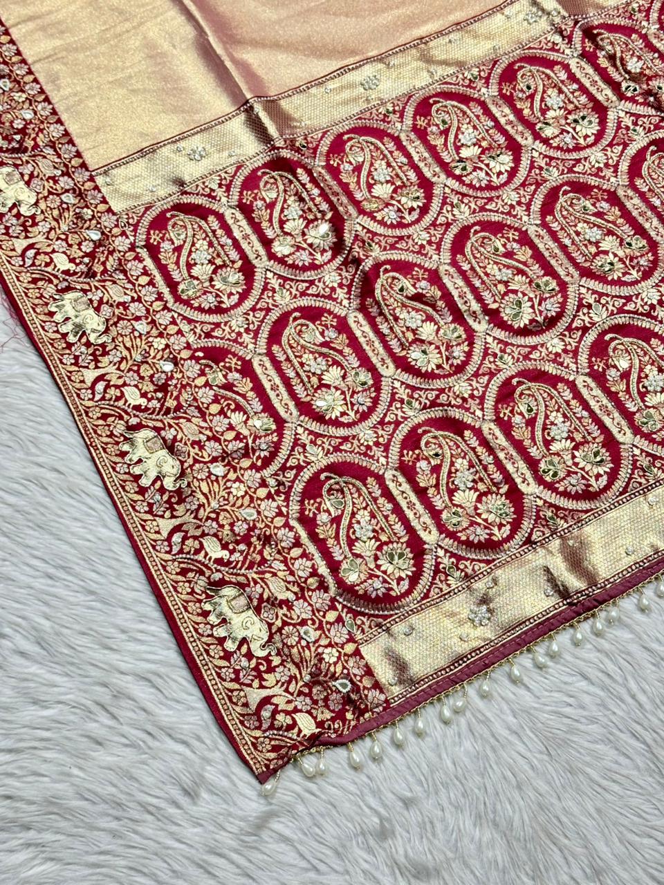 Rich Banarasi Silk Saree with Paisley Zari Weaving & Pearl Border | Shagun Sarees