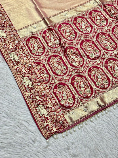 Rich Banarasi Silk Saree with Paisley Zari Weaving & Pearl Border | Shagun Sarees