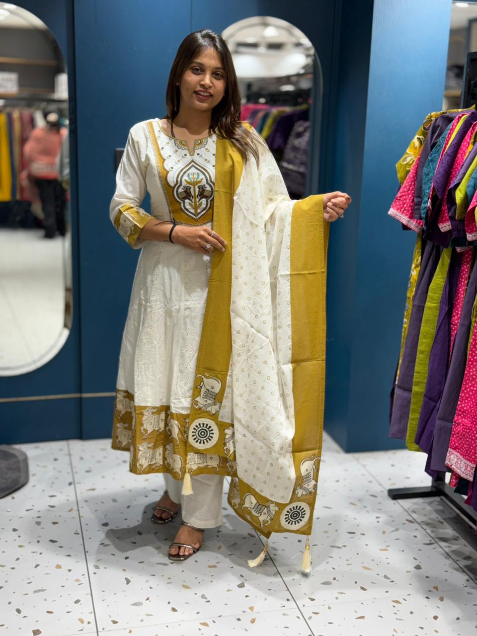 White & Mustard Cotton Kurti Set with Dupatta | Ethnic Daily Wear | Shagun Fashion