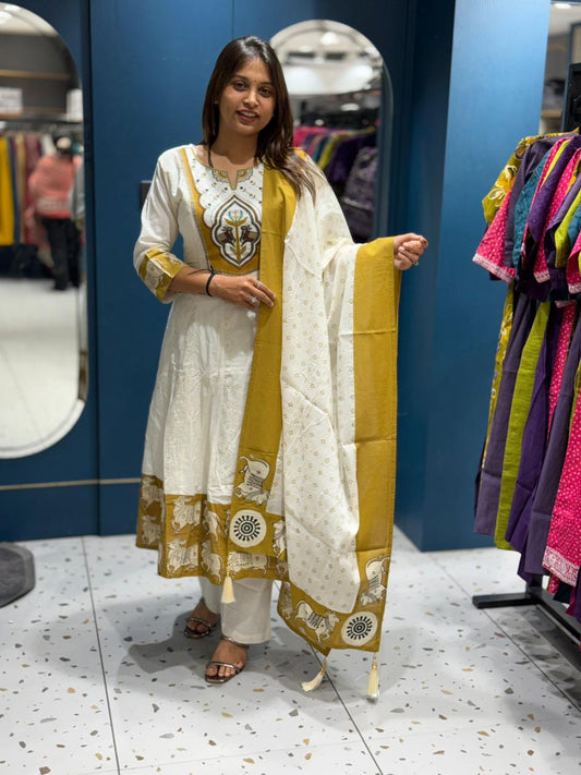 White & Mustard Cotton Kurti Set with Dupatta | Ethnic Daily Wear | Shagun Fashion