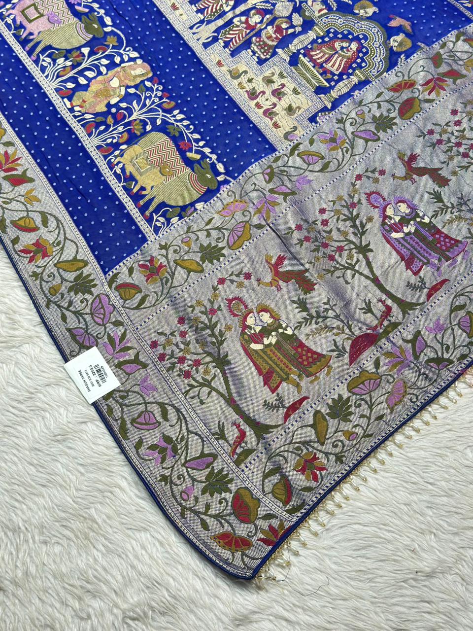 Designer Printed Silk Saree with Folk Art & Floral Panel Design | Shagun Sarees